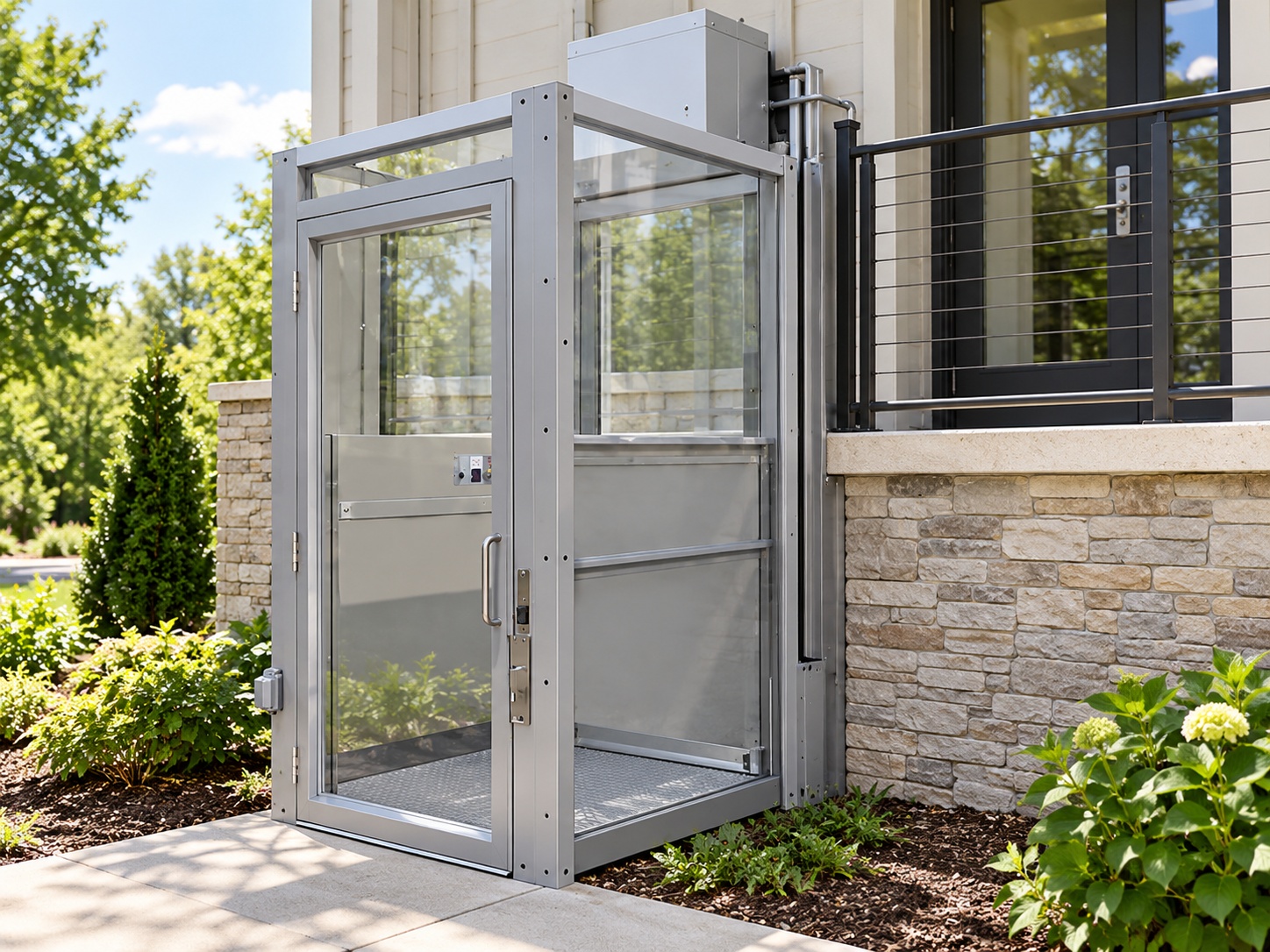 Illustration of an enclosed vertical wheelchair platform lift beside a building
