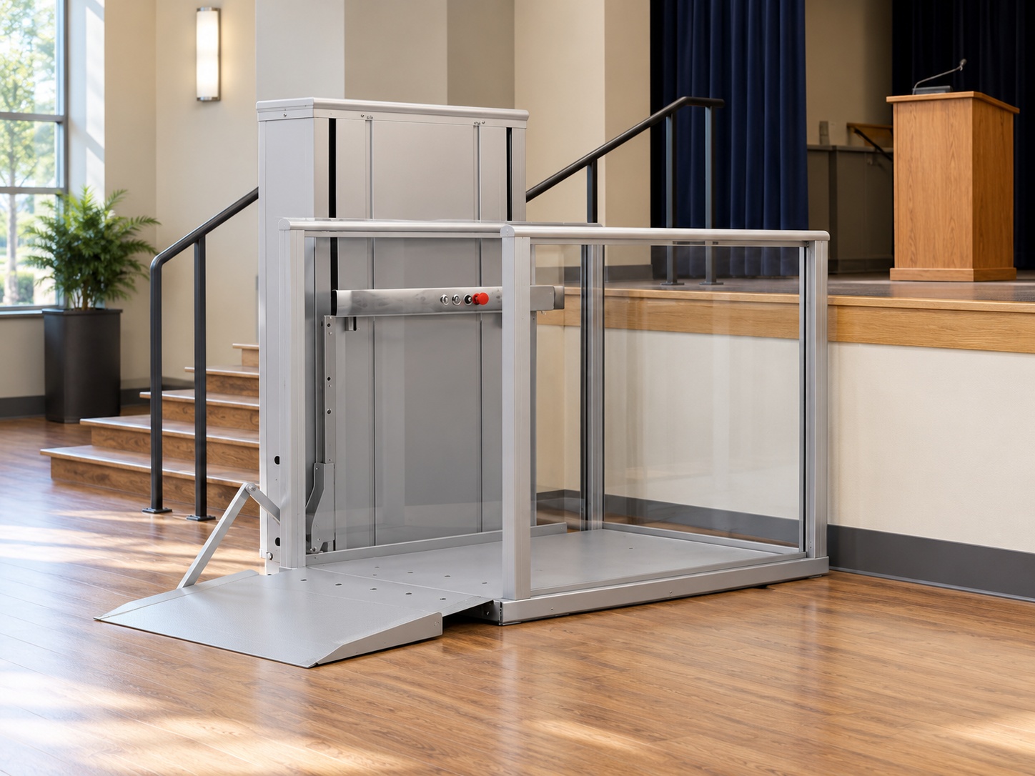 Illustration of a portable-style vertical wheelchair platform lift inside a building