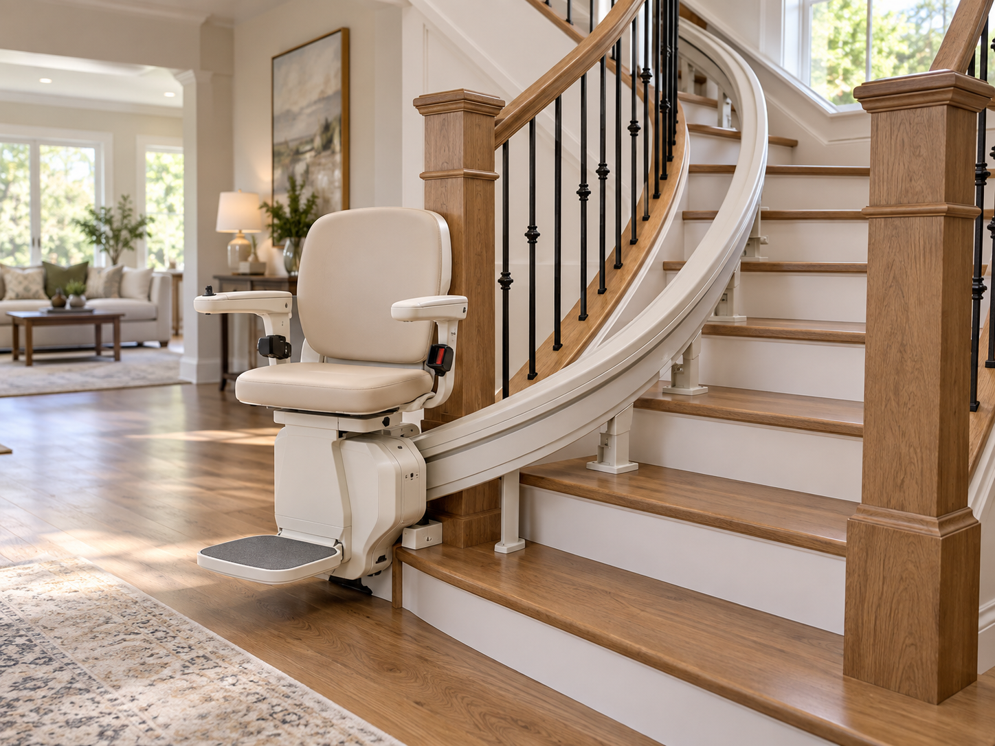 Custom curved stairlift installed on a staircase with turns
