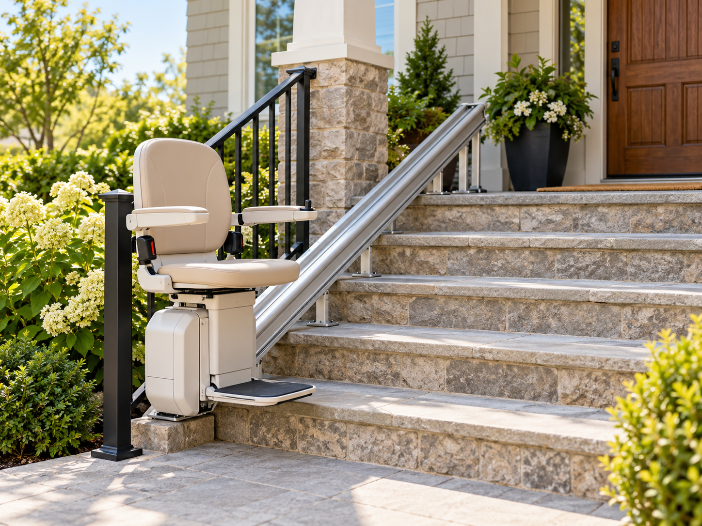 Outdoor stairlift installed on the exterior entrance steps of a home
